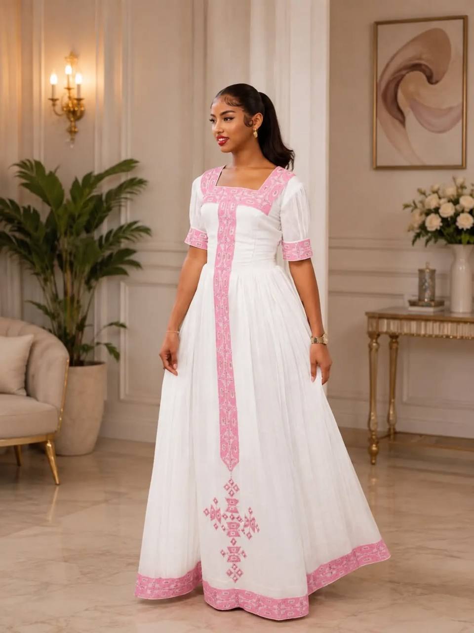 Rose Tibeb Gown — A graceful white gown framed with soft pink woven trim and a delicate geometric motif.
