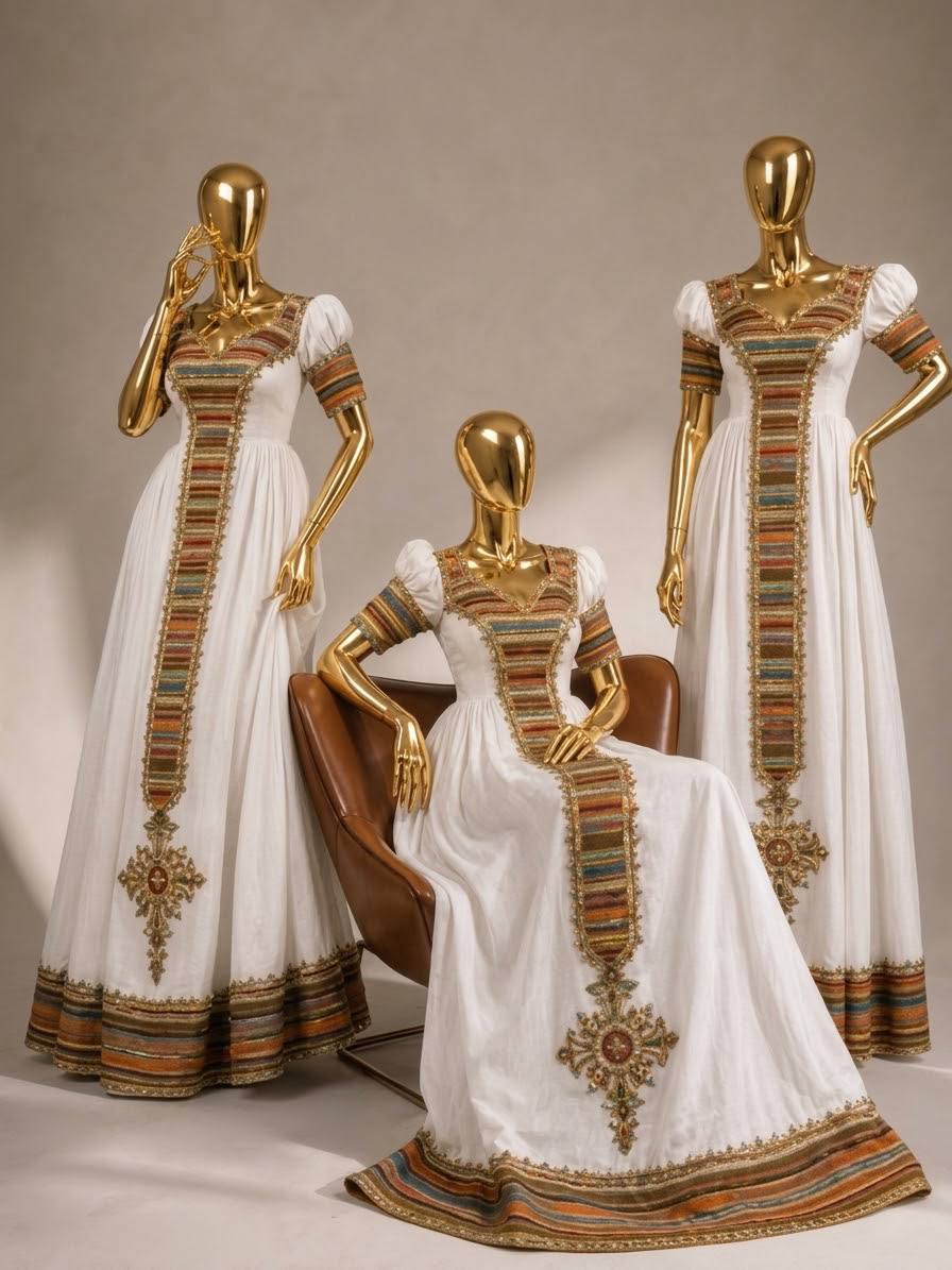 Heritage Trio Gowns — Three coordinated white gowns with richly layered earth-tone tibeb and ornate gold detailing.