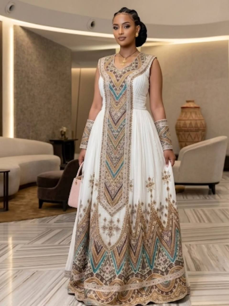 Mosaic Chevron Gown — A statement gown with intricate gold, taupe and teal embroidery arranged in sweeping chevrons.