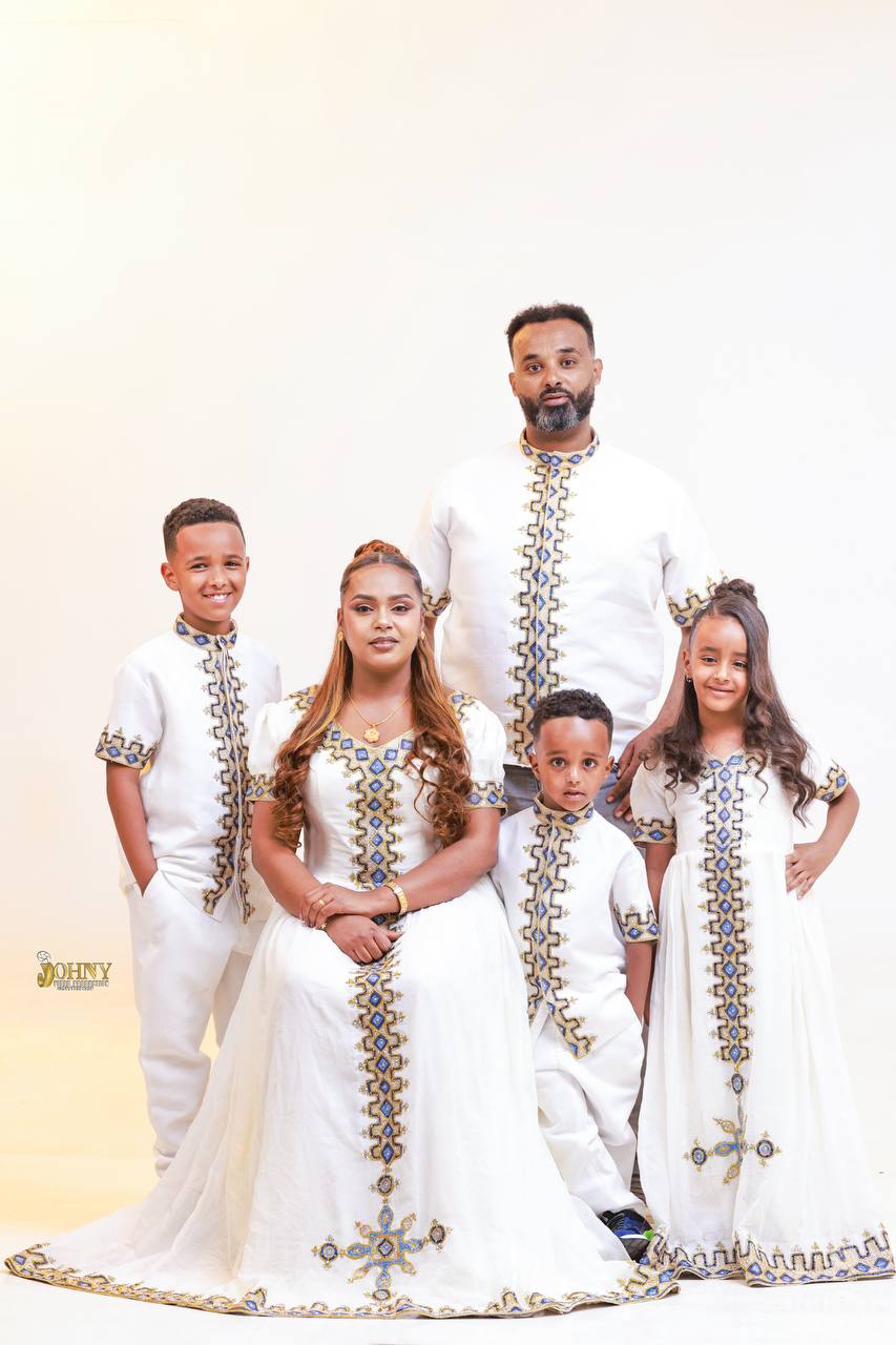 Family Heritage Set — Coordinated family pieces in white with blue and gold tibeb — for weddings, holidays and celebrations.